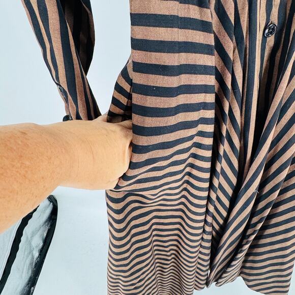 Vintage Albert Nipon Striped Button Front Midi Dress Brown Black Long Sleeve - Picture 7 of 9
